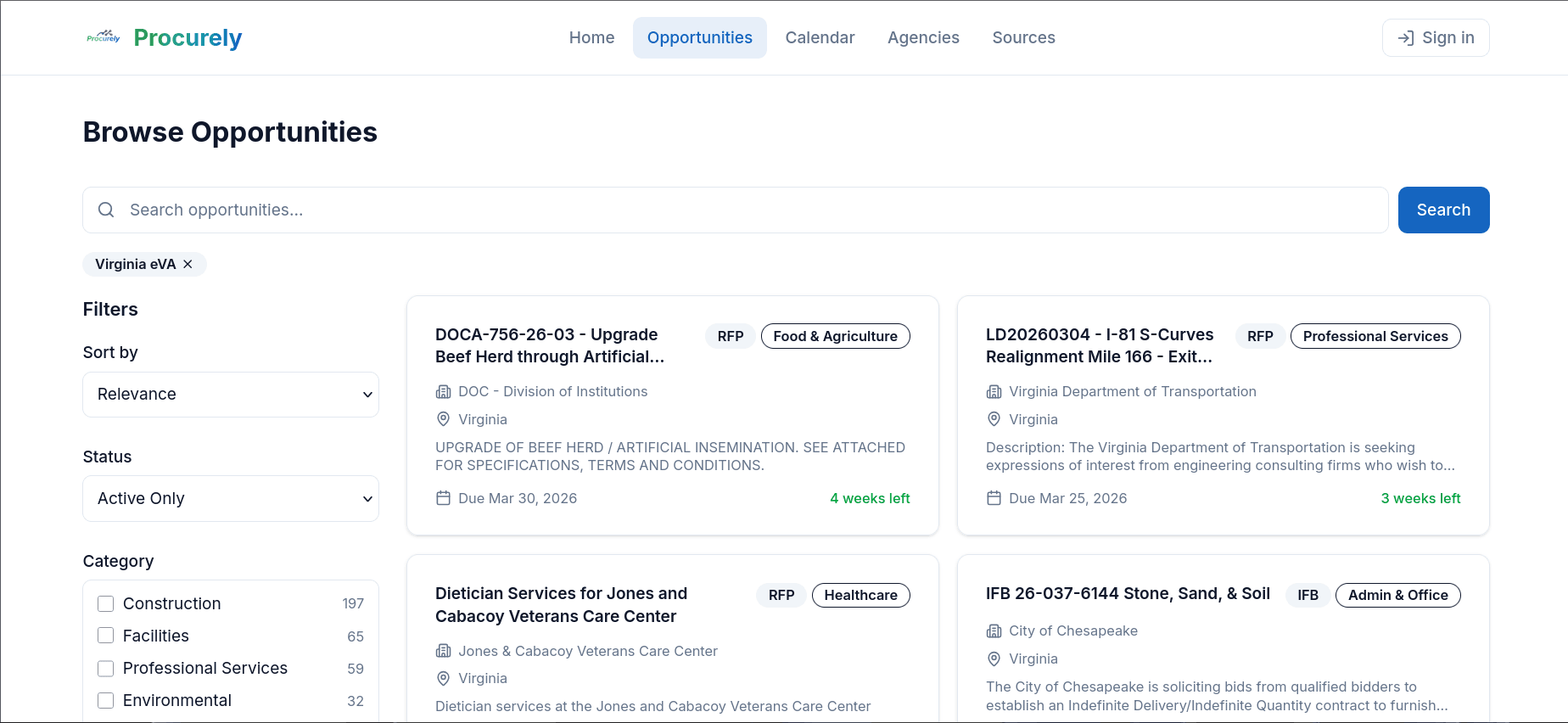 Browse and filter government procurement opportunities