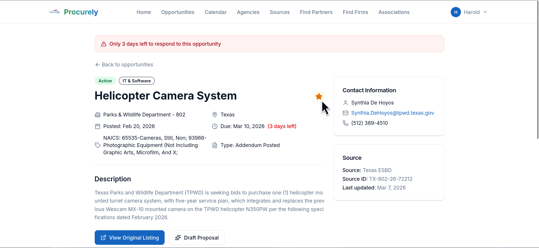 Opportunity detail page with contact info and deadlines