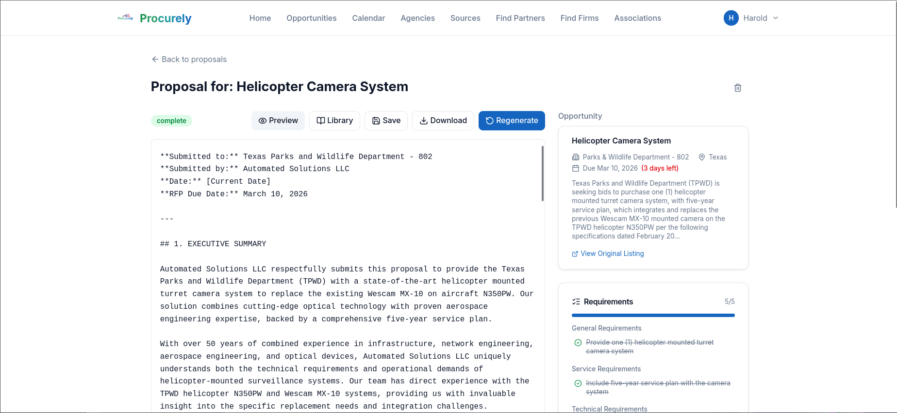 AI-powered proposal editor with requirements checklist